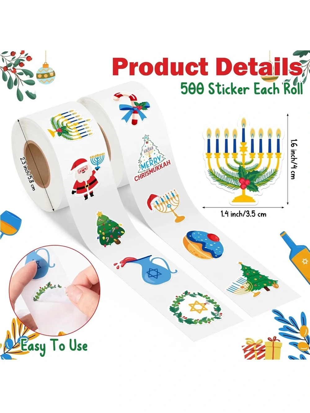 Hanukkah Christmas Stickers 2 Rolls Merry Chrismukka new 500 stickers each roll